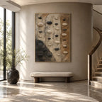 Wabi-Sabi abstract oil painting showing layered abstract marks, texture and expressive painterly movement in a brown palette.
