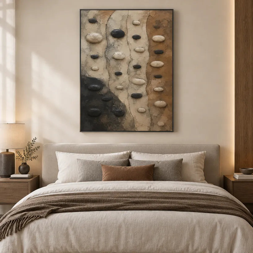 Wabi-Sabi abstract oil painting showing layered abstract marks, texture and expressive painterly movement in a brown palette.