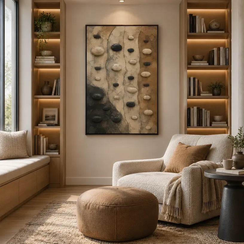 Wabi-Sabi abstract oil painting showing layered abstract marks, texture and expressive painterly movement in a brown palette.