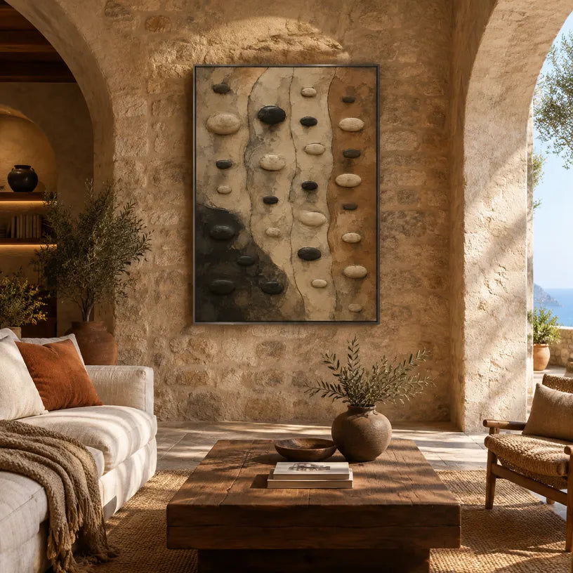 Wabi-Sabi abstract oil painting showing layered abstract marks, texture and expressive painterly movement in a brown palette.