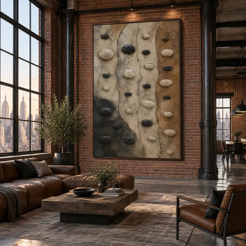 Wabi-Sabi abstract oil painting showing layered abstract marks, texture and expressive painterly movement in a brown palette.