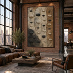 Wabi-Sabi abstract oil painting showing layered abstract marks, texture and expressive painterly movement in a brown palette.