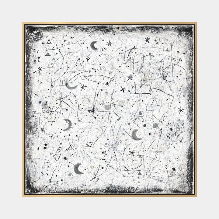 Pittura a olio astratta e concettuale Wabi-Sabi con segni astratti stratificati, consistenza e movimento pittorico espressivo in una tavolozza in bianco e nero.
