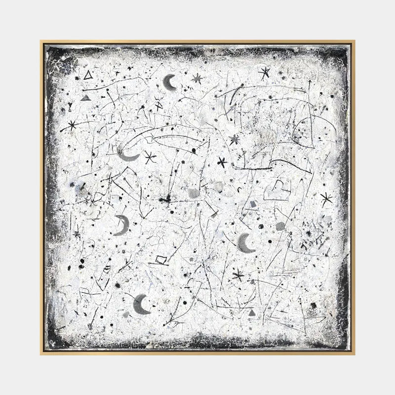 Abstraktes und konzeptuelles Ölgemälde von Wabi-Sabi mit geschichteten abstrakten Zeichen, Textur und ausdrucksstarken malerischen Bewegungen in einer Schwarz-Weiß-Palette.