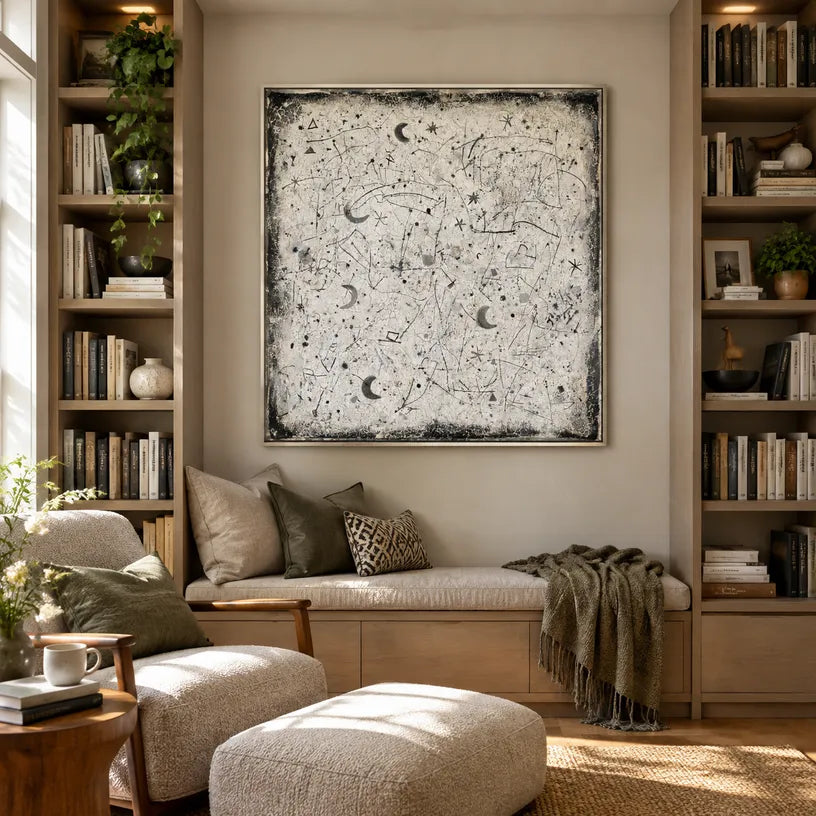 Wabi-Sabi abstract oil painting showing layered abstract marks, texture and expressive painterly movement.