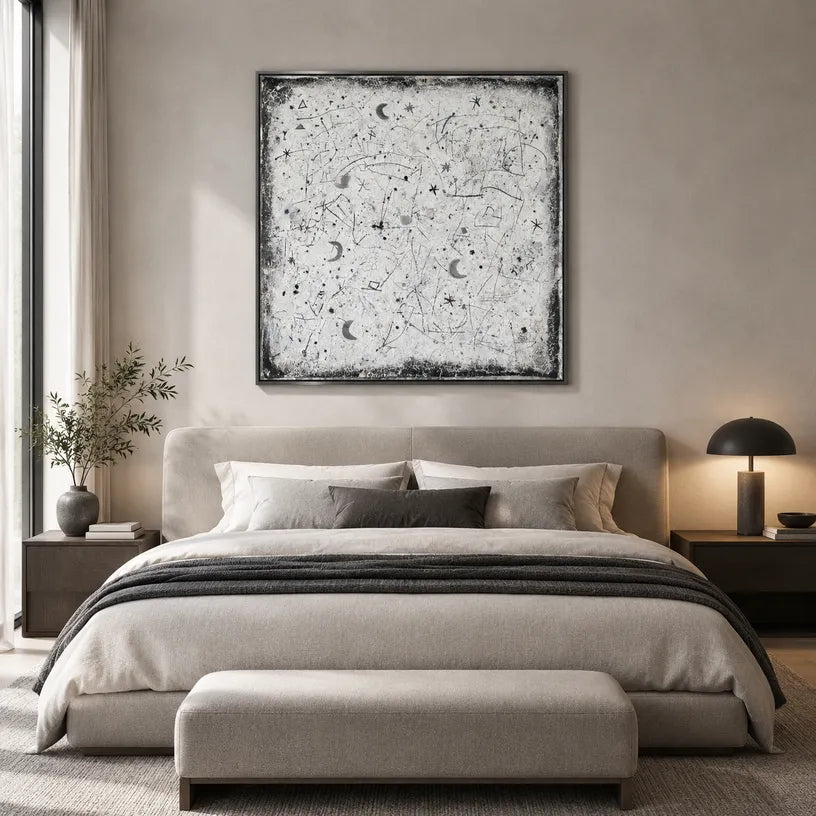 Wabi-Sabi abstract oil painting showing layered abstract marks, texture and expressive painterly movement.