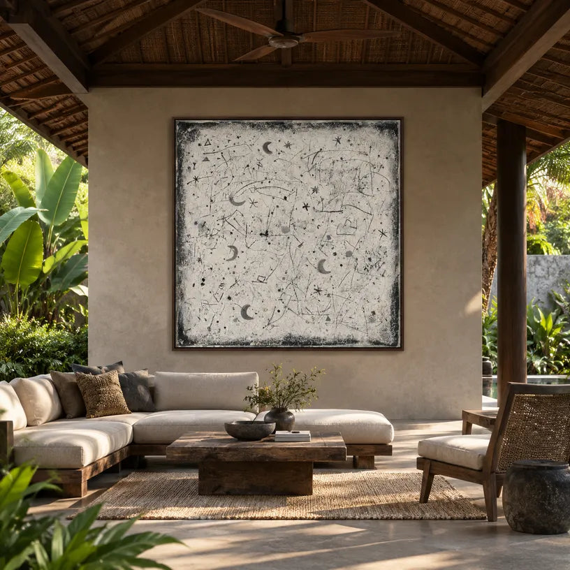 Wabi-Sabi abstract oil painting showing layered abstract marks, texture and expressive painterly movement.