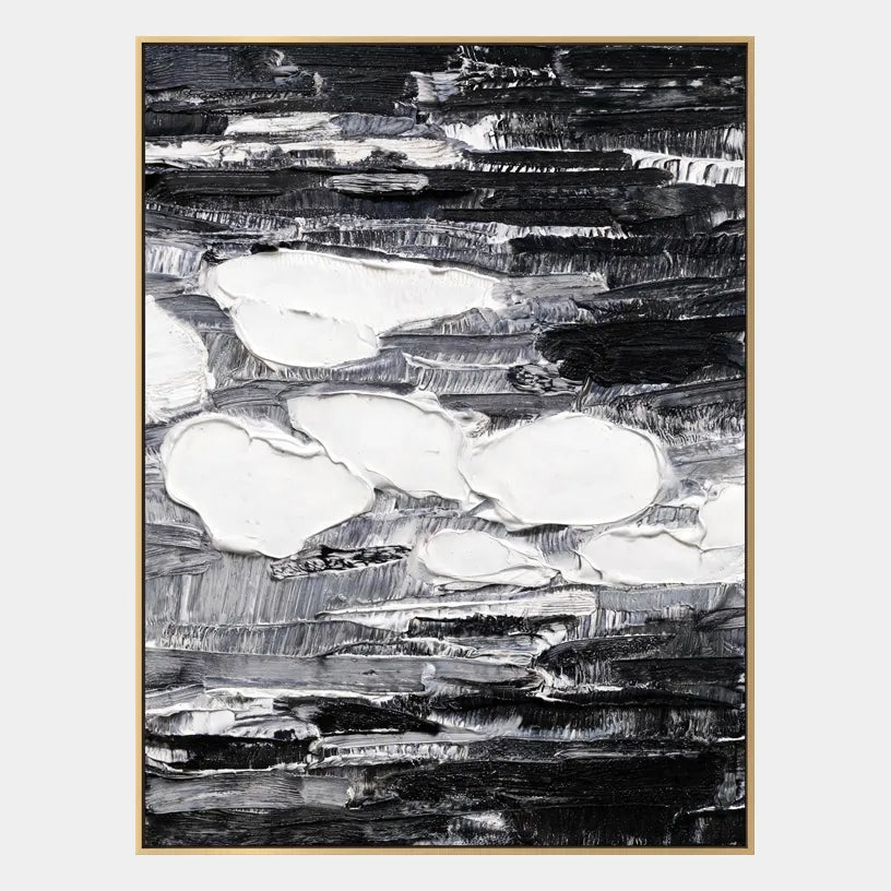 Wabi-Sabi abstract oil painting showing layered abstract marks, texture and expressive painterly movement in a black palette.