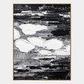 Abstraktes und konzeptuelles Ölgemälde von Wabi-Sabi mit geschichteten abstrakten Zeichen, Textur und ausdrucksstarken malerischen Bewegungen in einer Schwarz-Weiß-Palette.