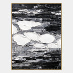 Wabi-Sabi abstract oil painting showing layered abstract marks, texture and expressive painterly movement in a black palette.