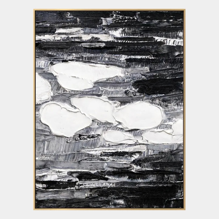 Pittura a olio astratta e concettuale Wabi-Sabi con segni astratti stratificati, consistenza e movimento pittorico espressivo in una tavolozza in bianco e nero.