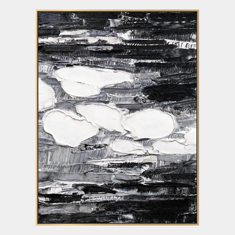 Abstraktes und konzeptuelles Ölgemälde von Wabi-Sabi mit geschichteten abstrakten Zeichen, Textur und ausdrucksstarken malerischen Bewegungen in einer Schwarz-Weiß-Palette.