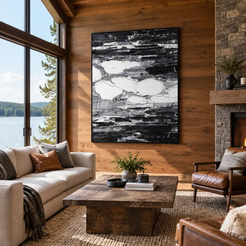 Wabi-Sabi abstract oil painting showing layered abstract marks, texture and expressive painterly movement in a black palette.
