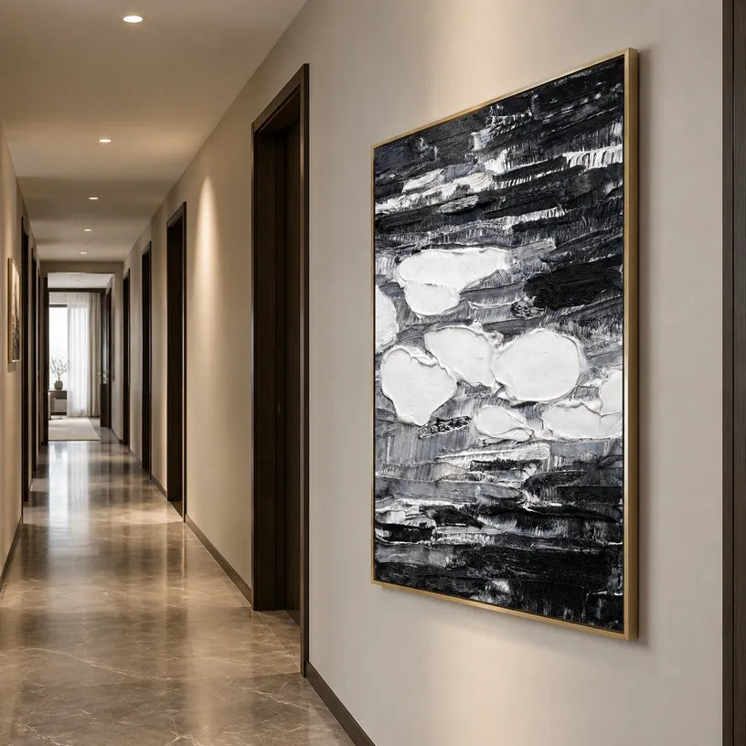 Wabi-Sabi abstract oil painting showing layered abstract marks, texture and expressive painterly movement in a black palette.