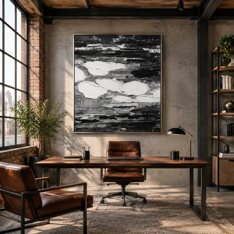 Wabi-Sabi abstract oil painting showing layered abstract marks, texture and expressive painterly movement in a black palette.