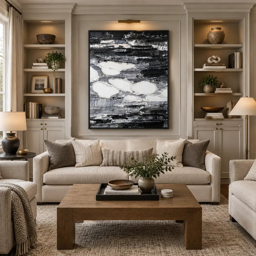 Wabi-Sabi abstract oil painting showing layered abstract marks, texture and expressive painterly movement in a black palette.