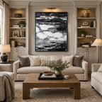 Wabi-Sabi abstract oil painting showing layered abstract marks, texture and expressive painterly movement in a black palette.