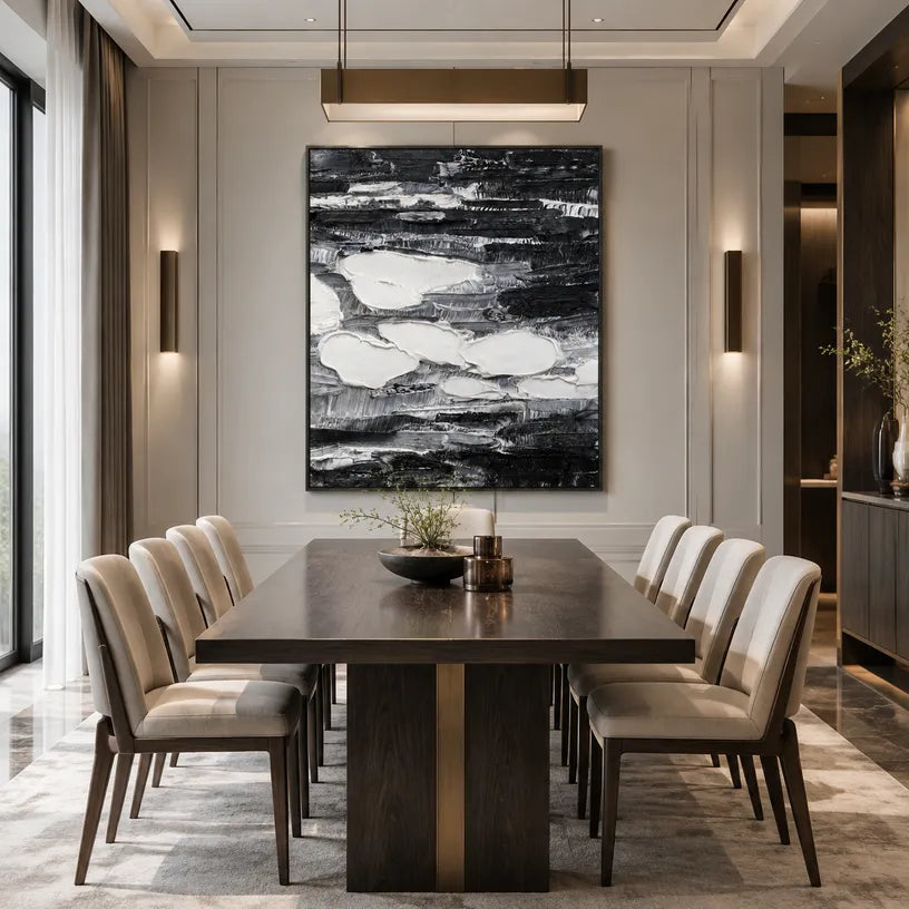 Wabi-Sabi abstract oil painting showing layered abstract marks, texture and expressive painterly movement in a black palette.