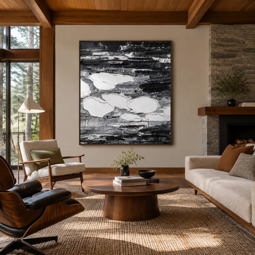 Wabi-Sabi abstract oil painting showing layered abstract marks, texture and expressive painterly movement in a black palette.