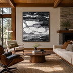 Wabi-Sabi abstract oil painting showing layered abstract marks, texture and expressive painterly movement in a black palette.