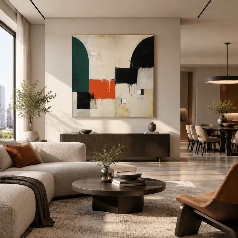 Wabi-Sabi abstract oil painting showing layered abstract marks, texture and expressive painterly movement in a beige palette.