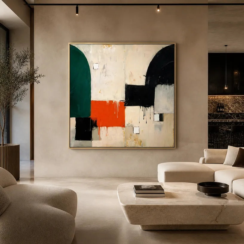 Wabi-Sabi abstract oil painting showing layered abstract marks, texture and expressive painterly movement in a beige palette.