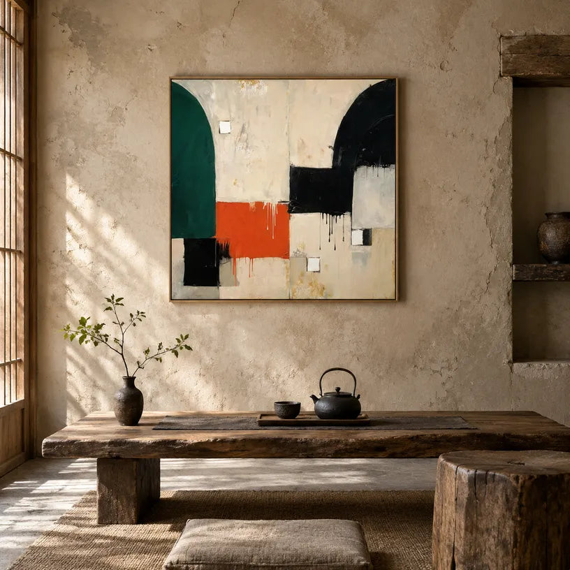 Wabi-Sabi abstract oil painting showing layered abstract marks, texture and expressive painterly movement in a beige palette.