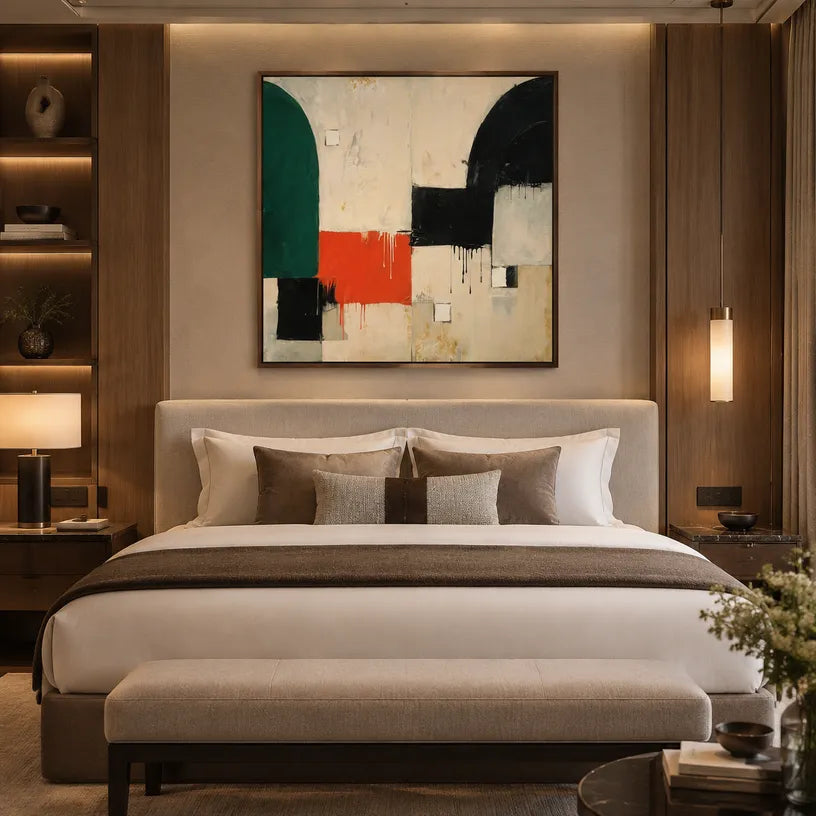 Wabi-Sabi abstract oil painting showing layered abstract marks, texture and expressive painterly movement in a beige palette.