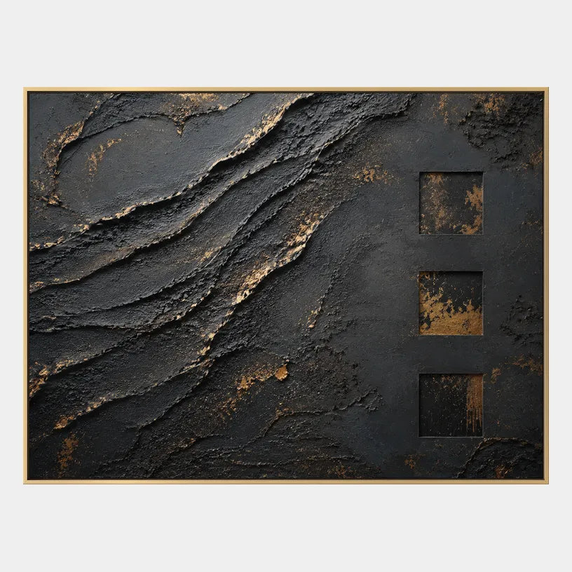 Wabi-Sabi abstract oil painting showing layered abstract marks, texture and expressive painterly movement in a black palette.