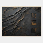 Wabi-Sabi abstract oil painting showing layered abstract marks, texture and expressive painterly movement in a black palette.