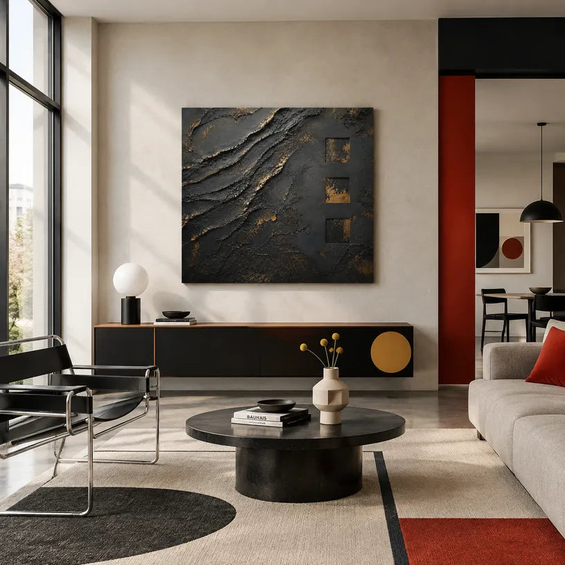 Wabi-Sabi abstract oil painting showing layered abstract marks, texture and expressive painterly movement in a black palette.
