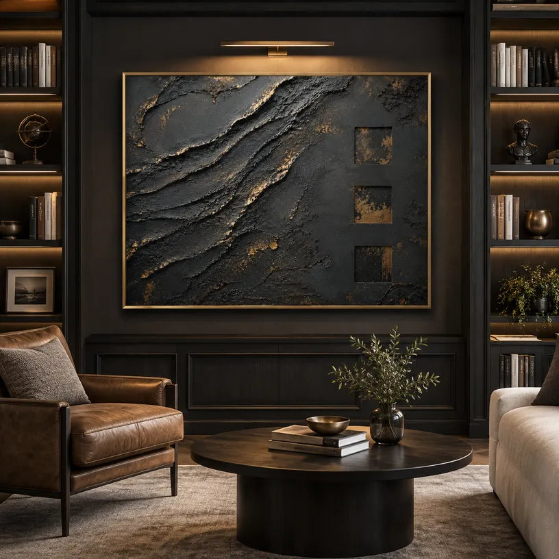 Wabi-Sabi abstract oil painting showing layered abstract marks, texture and expressive painterly movement in a black palette.