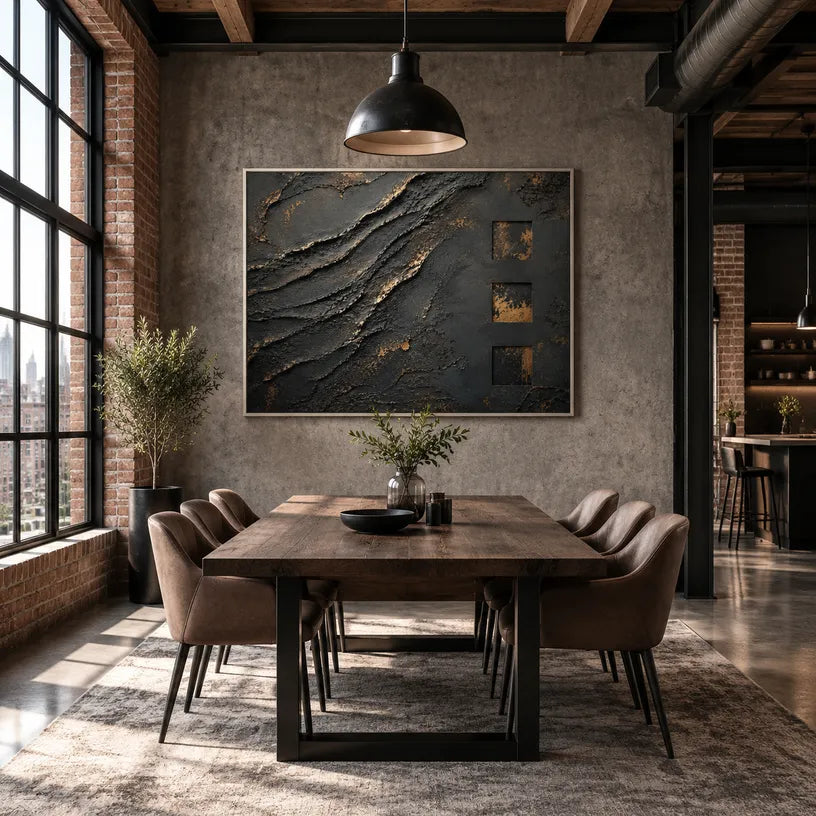 Wabi-Sabi abstract oil painting showing layered abstract marks, texture and expressive painterly movement in a black palette.