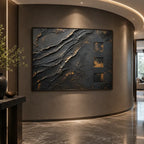 Wabi-Sabi abstract oil painting showing layered abstract marks, texture and expressive painterly movement in a black palette.
