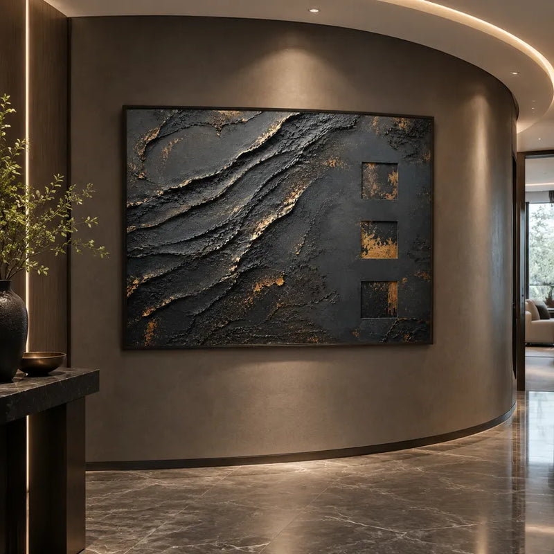 Peinture à l'huile abstraite et conceptuelle Wabi-Sabi présentant des marques abstraites superposées, une texture et un mouvement pictural expressif dans une palette noir et blanc.