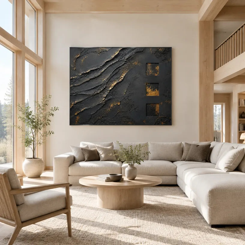 Wabi-Sabi abstract oil painting showing layered abstract marks, texture and expressive painterly movement in a black palette.