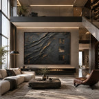 Wabi-Sabi abstract oil painting showing layered abstract marks, texture and expressive painterly movement in a black palette.