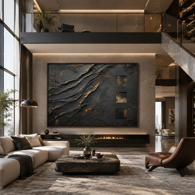Wabi-Sabi abstract oil painting showing layered abstract marks, texture and expressive painterly movement in a black palette.