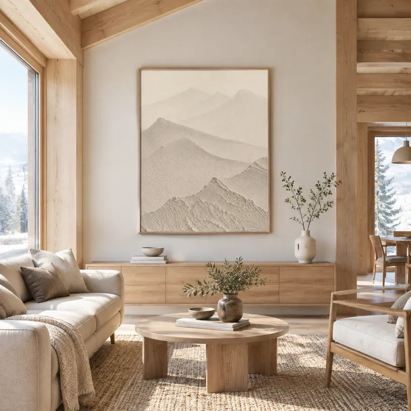 Wabi-Sabi abstract oil painting showing layered abstract marks, texture and expressive painterly movement in a beige palette.