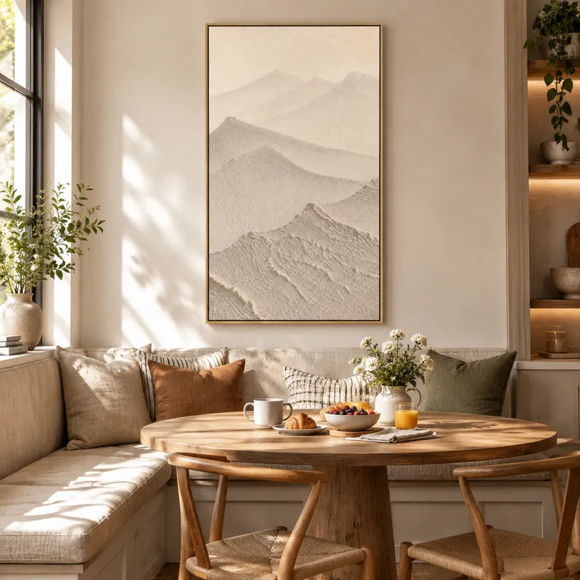 Wabi-Sabi abstract oil painting showing layered abstract marks, texture and expressive painterly movement in a beige palette.