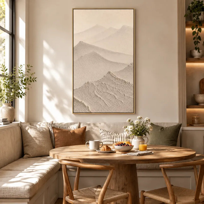 Wabi-Sabi-Ölgemälde „Landschaften, Seestücke und Stadtansichten“ mit einer stimmungsvollen Landschafts-, Seestücks- oder Stadtkomposition in einer beigen Palette.