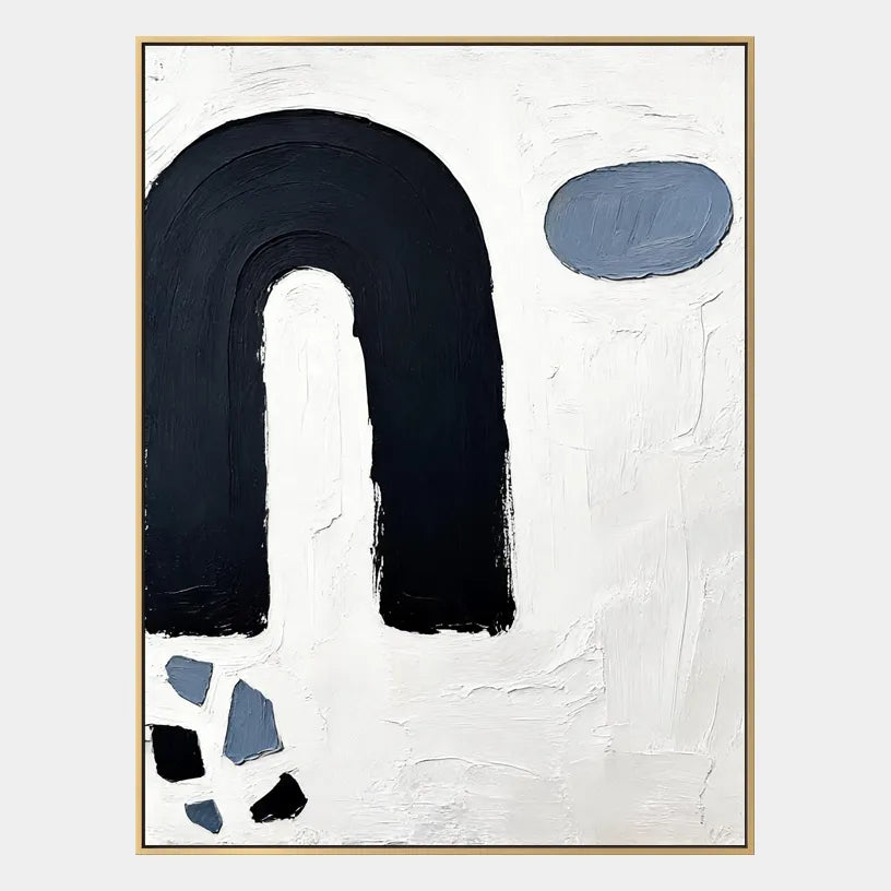 Wabi-Sabi abstract oil painting showing layered abstract marks, texture and expressive painterly movement in a black and white palette.