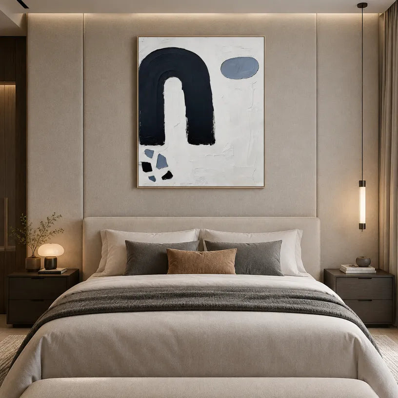 Wabi-Sabi abstract oil painting showing layered abstract marks, texture and expressive painterly movement in a black and white palette.