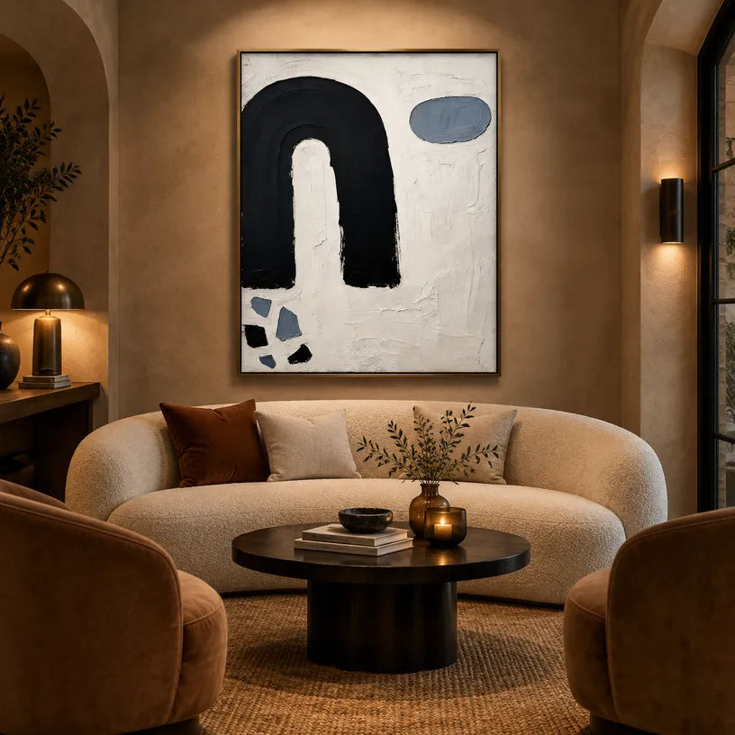 Wabi-Sabi abstract oil painting showing layered abstract marks, texture and expressive painterly movement in a black and white palette.