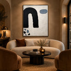 Wabi-Sabi abstract oil painting showing layered abstract marks, texture and expressive painterly movement in a black and white palette.