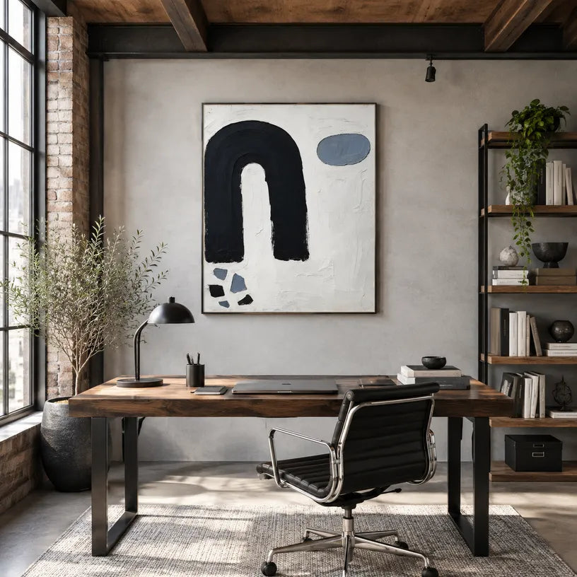 Wabi-Sabi abstract oil painting showing layered abstract marks, texture and expressive painterly movement in a black and white palette.