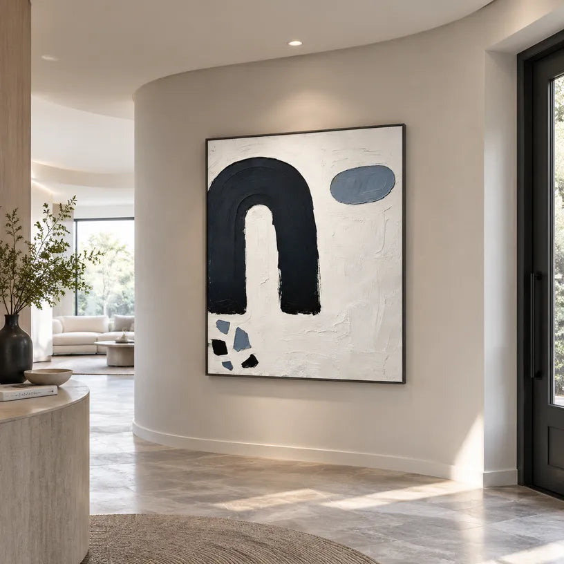 Wabi-Sabi abstract oil painting showing layered abstract marks, texture and expressive painterly movement in a black and white palette.