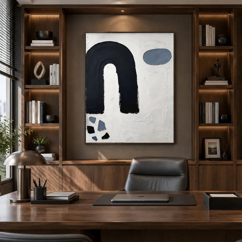 Wabi-Sabi abstract oil painting showing layered abstract marks, texture and expressive painterly movement in a black and white palette.