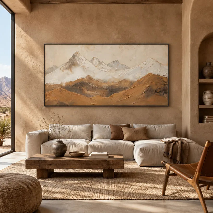 Wabi-Sabi abstract oil painting showing layered abstract marks, texture and expressive painterly movement in a beige palette.