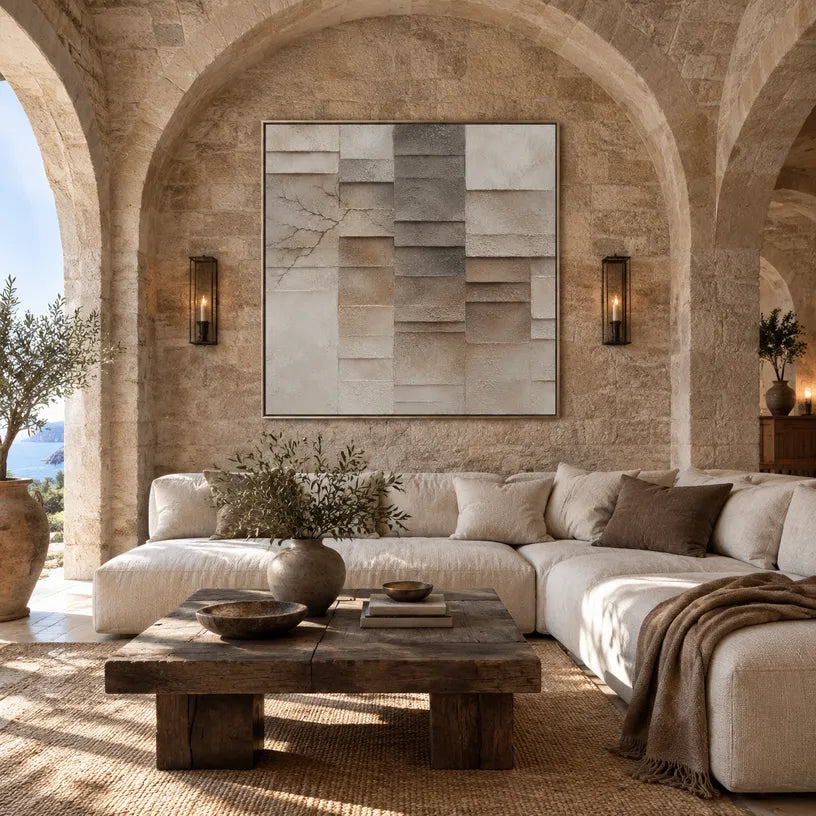 Wabi-Sabi abstract oil painting showing layered abstract marks, texture and expressive painterly movement in a brown palette.